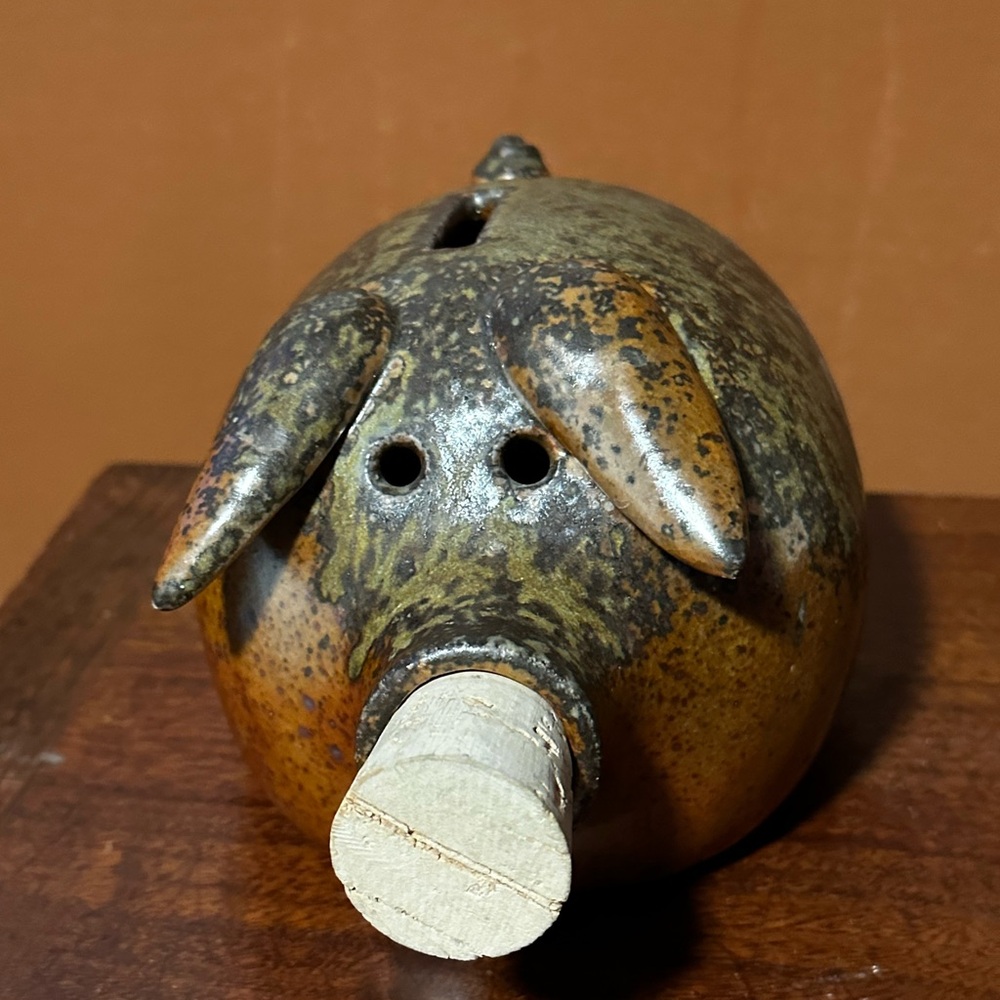 Vintage Brown Pottery Pig Piggy Bank Cork Nose